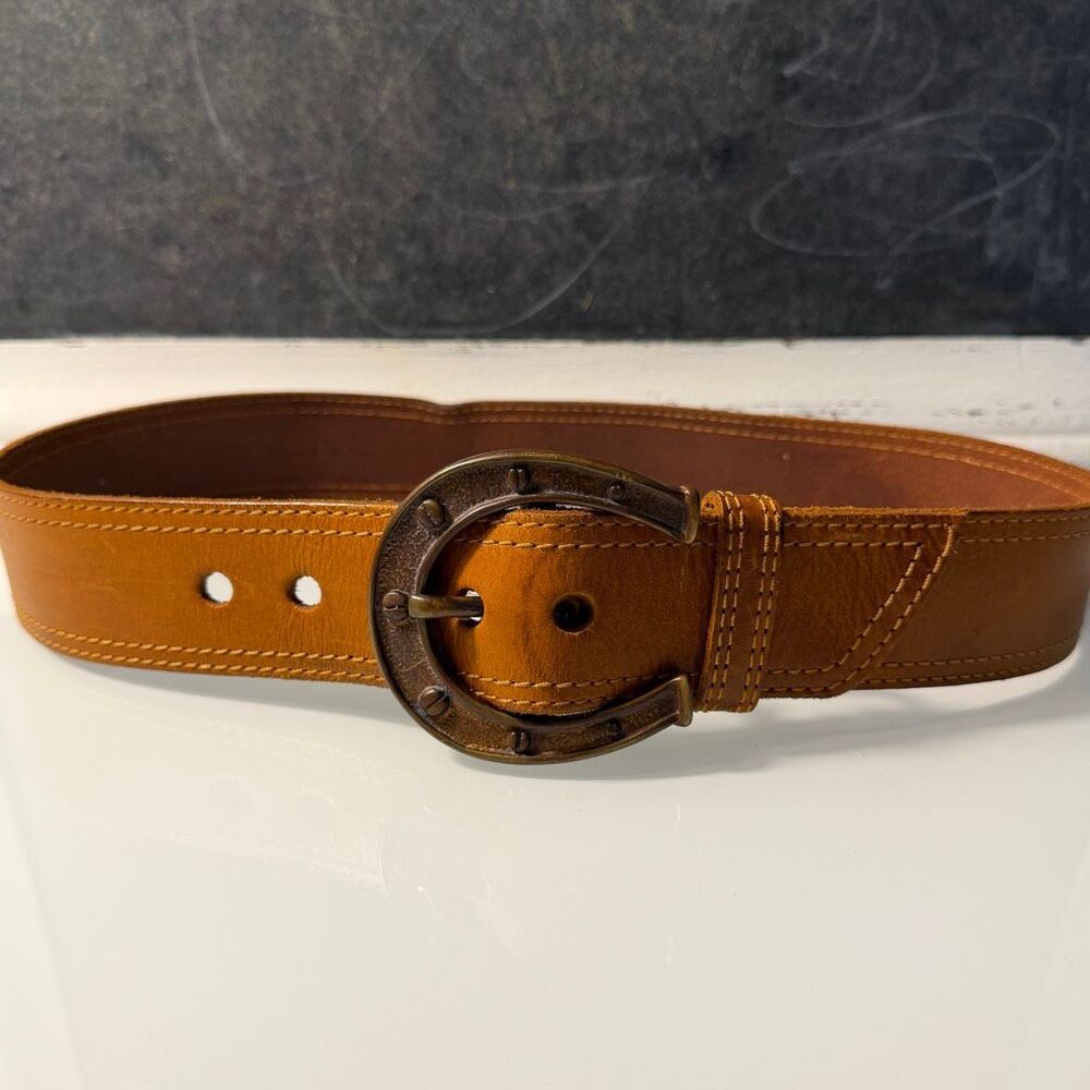Linea Pelle LP8619 Cognac Leather Wide Western Horseshoe Buckle Belt